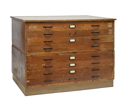 Lot 749 - Early 20th century pitch pine eight drawer plan chest, in two sections