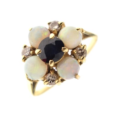 Lot 25 - Sapphire, opal and diamond 18ct gold cluster ring