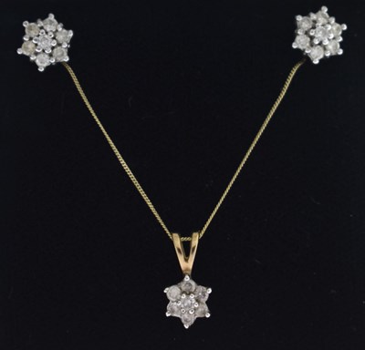 Lot 204 - Diamond 9ct gold cluster pendant necklace and earrings