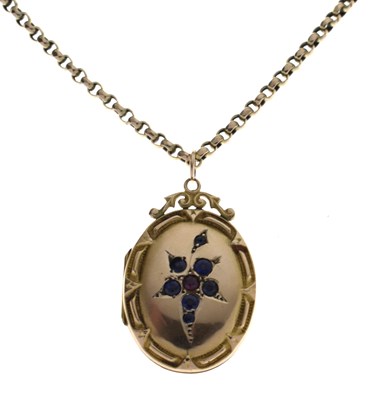 Lot 111 - '9ct back & front' oval locket, with unmarked yellow metal belcher link chain