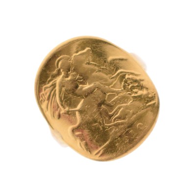 Lot 298 - George V gold half sovereign 1910, shaped and mounted as a ring