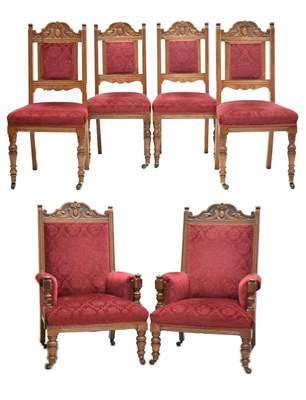 Lot 773 - Edwardian carved oak six-piece drawing room suite, stamped 'White, Urmston'