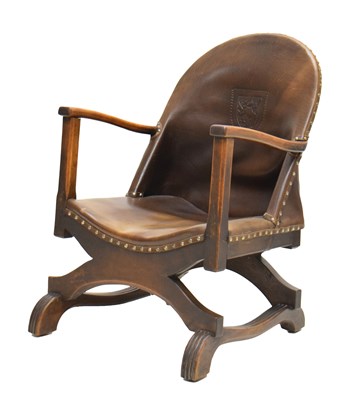 Lot 743 - Early 20th century beech framed embossed leather tub chair, Rd No 717840