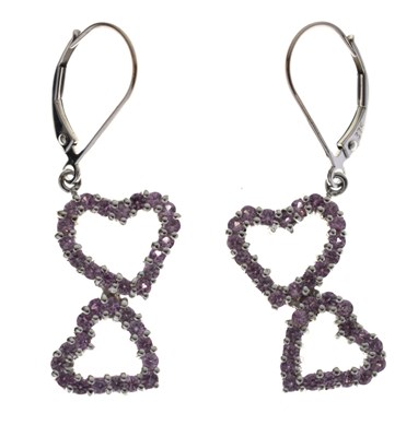 Lot 171 - Pair of pink sapphire double heart 9ct white gold drop earrings