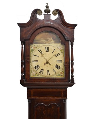 Lot 685 - Early 19th century inlaid oak and mahogany-cased 30-hour painted dial longcase clock