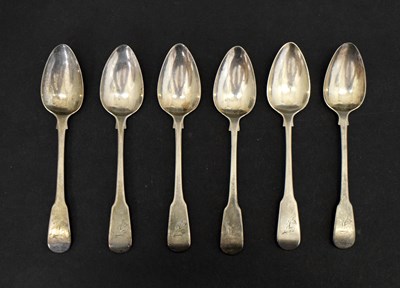 Lot 267 - Set of six George III Fiddle pattern silver teaspoons