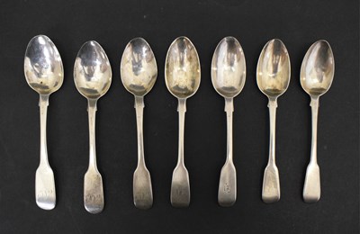 Lot 268 - Seven Fiddle pattern silver teaspoons