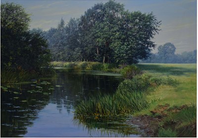 Lot 708 - Graham Petley (British 1944-2025) - Oil on canvas - Rural landscape with river