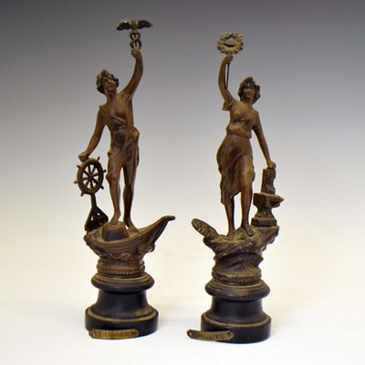 Lot 388 - Pair of early 20th century spelter figures - 'Le Commerce' and 'L'Industrie'