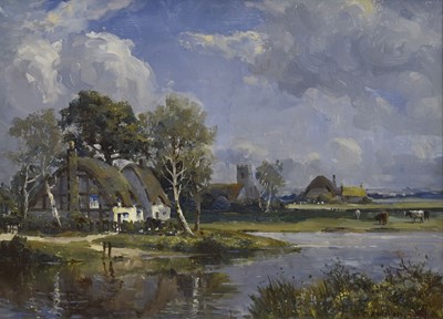 Lot 407 - Campbell Archibald Mellon, ROI, RBA (1876-1955) - Oil on canvas - Landscape with thatched cottages