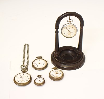 Lot 245 - Six assorted open face pocket and fob watches plus a watch stand