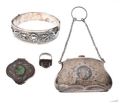 Lot 256 - Silver purse and Chinese box plus white metal bangle and a ring