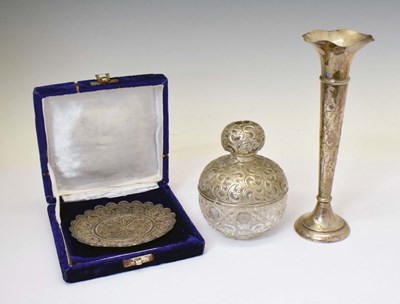 Lot 225 - George V silver-mounted perfume bottle, silver trumpet shaped bud vase, and white metal dish