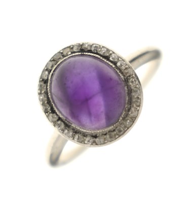 Lot 26 - Early 20th century amethyst and diamond unmarked white metal cluster ring