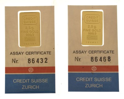 Lot 181 - Two Credit Suisse, Zurich Fine Gold ingots