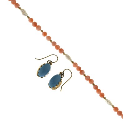 Lot 164 - Victorian blue glass drop earrings and a coral and freshwater pearl bracelet (2)