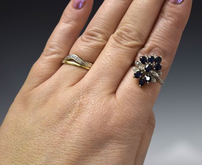 Lot 21 - Sapphire and diamond white metal cluster ring