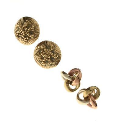 Lot 165 - Pair of 9ct gold disc earrings, and a pair of tri-colour metal knot earrings (2)