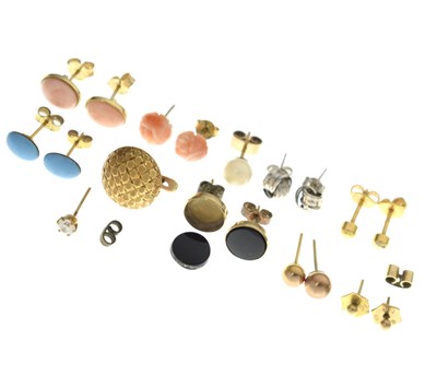 Lot 163 - Pair of 18ct gold coral stud earrings, and various 9ct gold and unmarked yellow metal earrings, etc