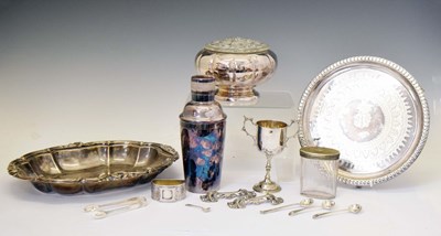 Lot 434 - Collection of silver plated items, a mid 20th century cocktail shaker, a Marlboro Plate flower bowl, a trophy cup, etc