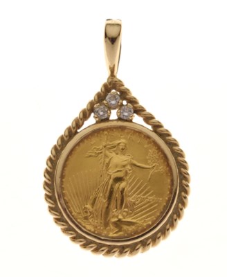 Lot 303 - USA 1/10oz fine gold $5, in 9ct pendant mount set three white stones
