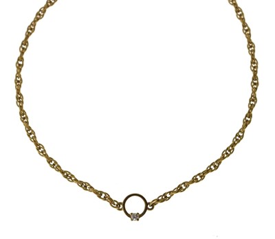 Lot 135 - 9ct gold rope chain necklace with an integral diamond set circular pendant