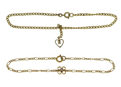 Lot 146 - Two yellow metal bracelets, each stamped '9ct' and set a diamond (2)