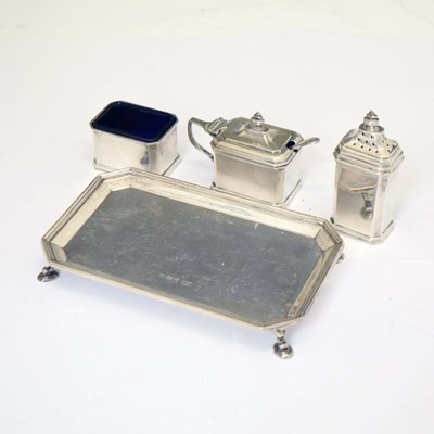 Lot 222 - George V silver three-piece condiment set and stand