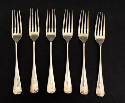 Lot 273 - Set of six George V Old English pattern and Rat Tail silver dessert forks