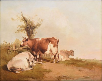 Lot 397 - Circle of Thomas Sidney Cooper (1803-1902) - Oil on panel - Cattle in a landscape with fence