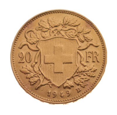 Lot 213 - Swiss gold 20 francs coin, 1949