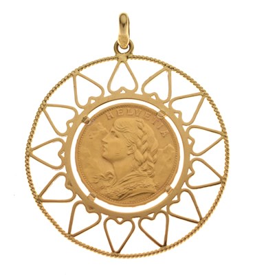 Lot 212 - Swiss gold 20 francs coin, 1949, in a yellow metal pendant mount