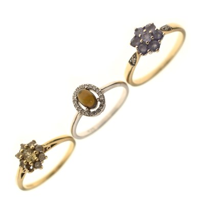 Lot 59 - Two gem-set 9ct gold cluster rings, and an opal silver ring (3)