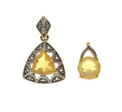 Lot 107 - Fire opal and white stone 9ct gold pendant, together with another fire opal pendant (2)