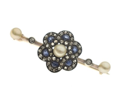 Lot 85 - Victorian / Edwardian sapphire, diamond, and pearl cluster bar brooch