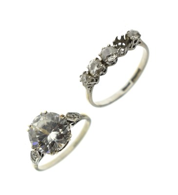 Lot 55 - White zircon single stone '9ct' ring, together with a diamond five-stone ring (a/f)