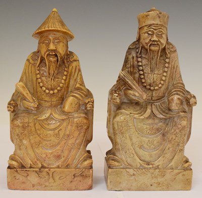 Lot 634 - Near pair of Chinese soapstone figures