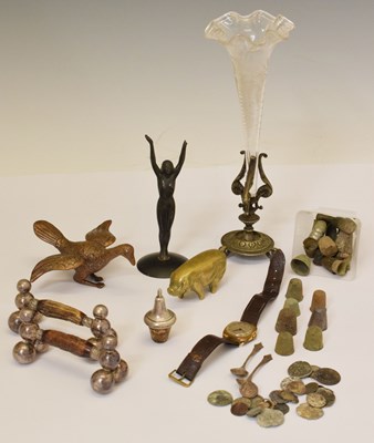 Lot 412 - Group of collectables - thimbles, coins, carving rests etc