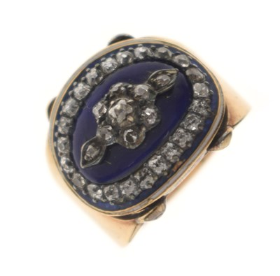 Lot 19th century diamond enamelled unmarked yellow metal ring