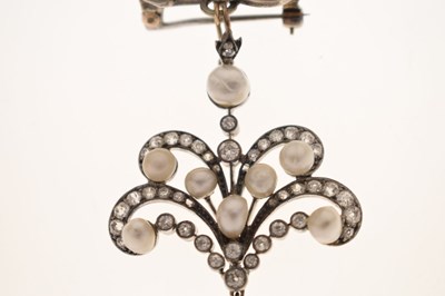 Lot Victorian diamond and pearl unmarked yellow metal and white metal pendant brooch
