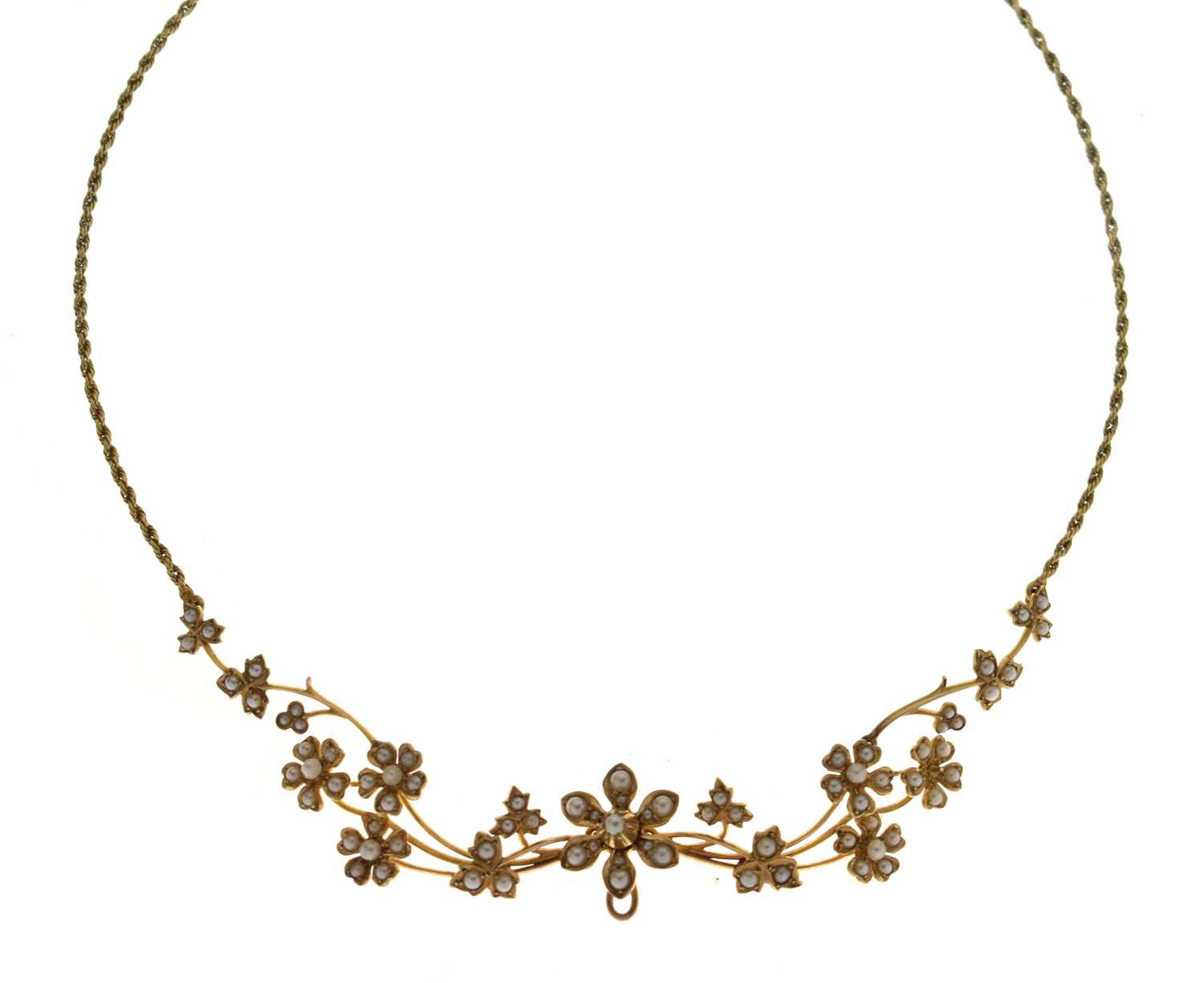 Lot Edwardian seed pearl flower head 15ct yellow gold necklace