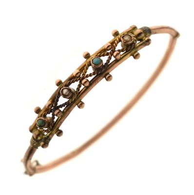 Lot 138 - Victorian / Edwardian turquoise and seed pearl rose gold bangle (a/f)