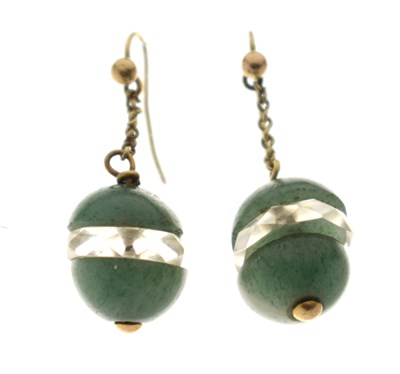 Lot 156 - Pair of early 20th century chrysoprase and rock crystal yellow metal drop earrings
