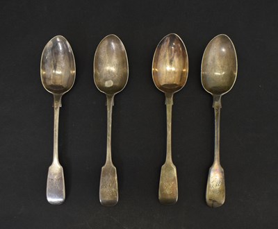 Lot 284 - Set of four Victorian Fiddle pattern silver table spoons