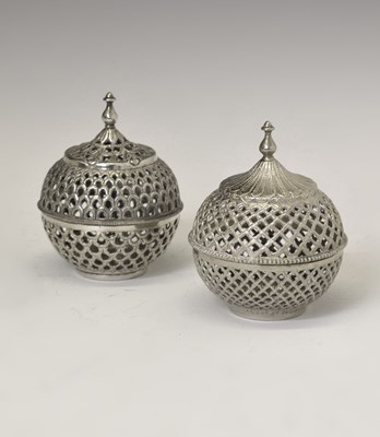 Lot 178 - Two Persian (possibly Isfahan) Pahlavi period white metal lidded pots