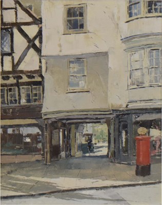Lot 706 - Trevor Chamberlain (b. 1933) - Oil on canvas - 'Approach to the Square, Winchester'