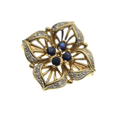 Lot 93 - Sapphire and diamond yellow metal brooch