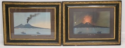 Lot 713 - Pair of early 20th century gouache studies depicting Mount Vesuvius night and day