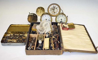 Lot 750 - Five assorted French mantel clock movements, box of spare hands etc