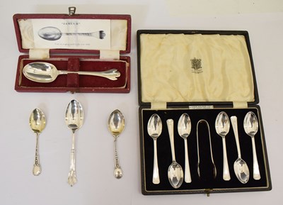 Lot 236 - Cased set silver teaspoons and tongs, cased reproduction of a James II trefid spoon, etc